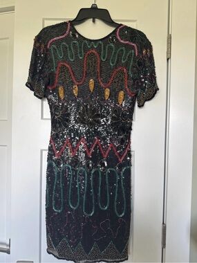 Black Sequin Backless Short Dress with Multicolor Embroidery
